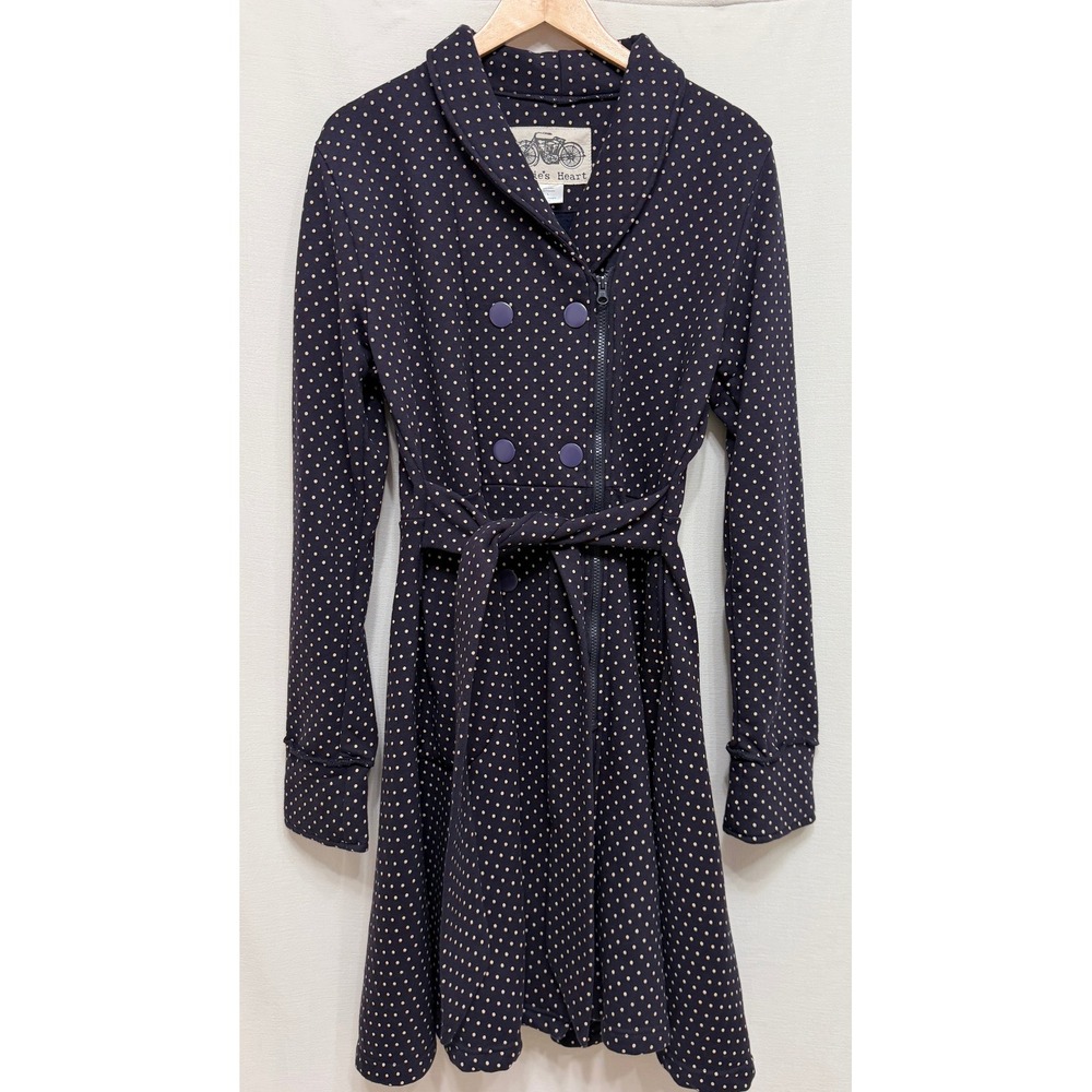 Effie's Heart Navy Blue Polka Dot Wrap Trench Dress Coat Size Large